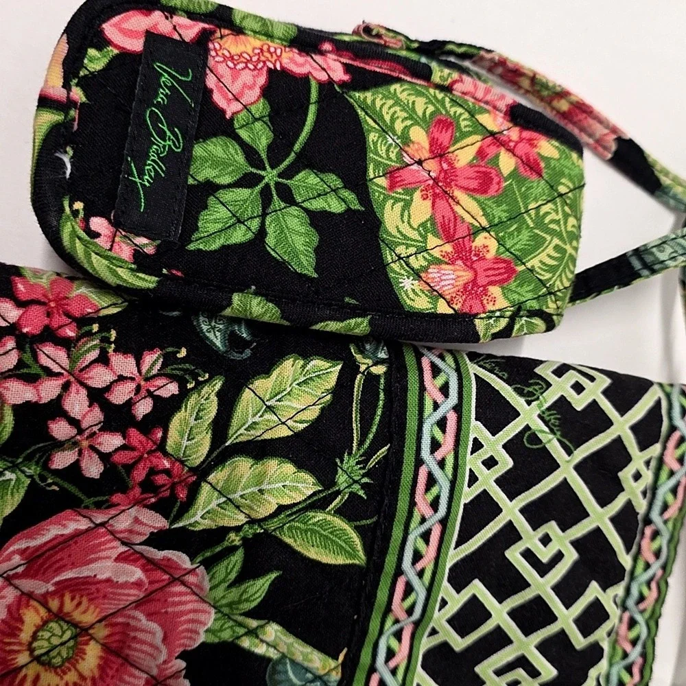 Vera Bradley Tote Bag Black Green Botanical Floral Quilted Purse w/Hanging Pouch